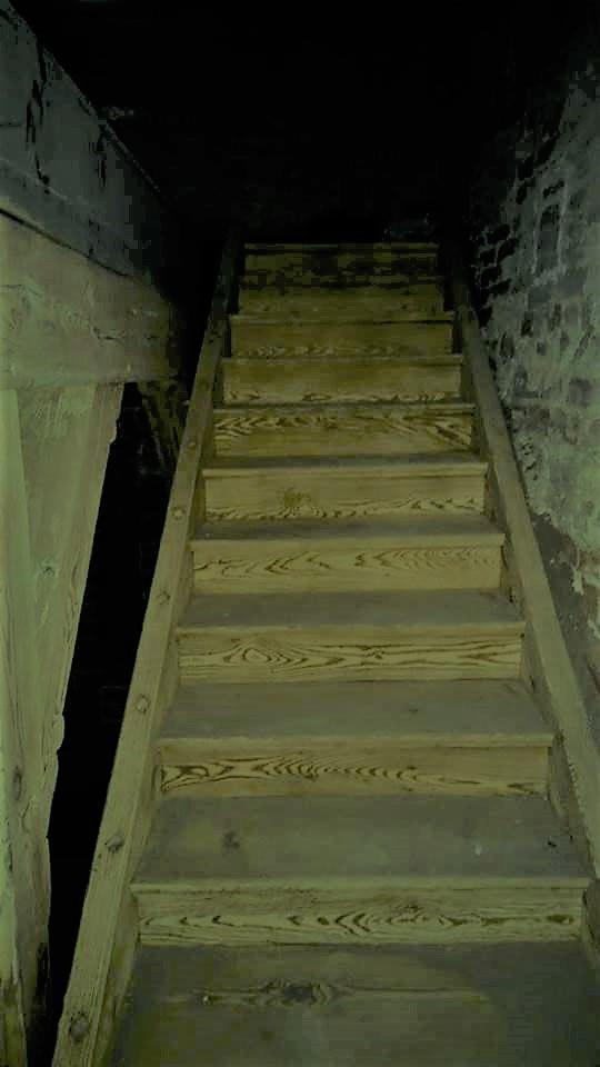 Drewniane schody w piwnicy z ceglanymi ścianami, oświetlone z dołu, widoczne ślady użytkowania i brak wykończenia.