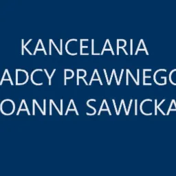 Niebieskie tło z białym tekstem: Kancelaria Radcy Prawnego Joanna Sawicka oraz logo Krajowej Izby Radców Prawnych w prawym górnym rogu.