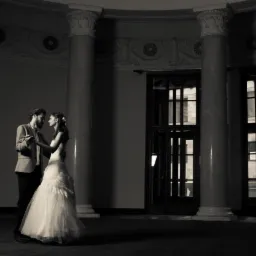Czarno-białe zdjęcie pary młodej tańczącej w przestronnym holu z kolumnami i wysokimi oknami, suknia panny młodej z falbanami, pan młody w tweedowej marynarce.
