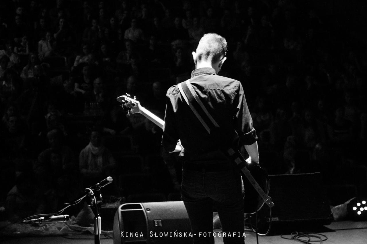 Czarno-białe zdjęcie z koncertu: muzyk z gitarą na scenie, widziany od tyłu, oświetlony reflektorami na tle widowni.