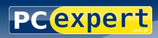 Logo firmy PCexpert.com.pl w niebiesko-żółtej kolorystyce, umieszczone na błyszczącym tle.