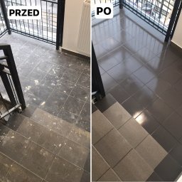LuxeLike Sprzątanie Mycie Czyszczenie - Klatka schodowa wyłożona szarymi płytkami: po lewej stronie widok 'przed' z zabrudzeniami i plamami, po prawej stronie widok 'po' z czystymi, błyszczącymi płytkami i schodami.