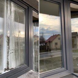 LuxeLike Sprzątanie Mycie Czyszczenie - Okno PCV podzielone na pół: lewa strona silnie zabrudzona smugami, prawa strona czysta, widok na dom z czerwoną dachówką i pochmurne niebo.