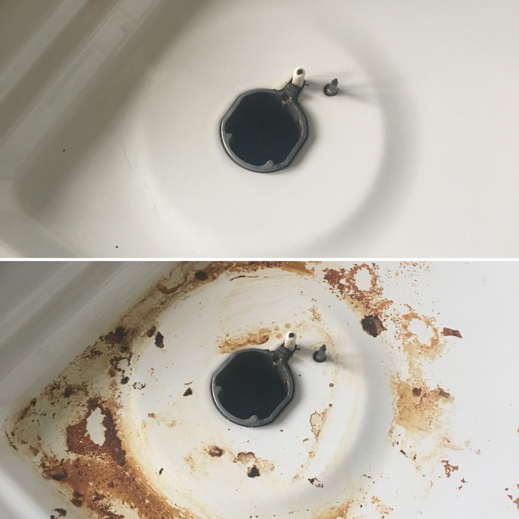 Porównanie stanu płyty kuchennej przed i po czyszczeniu, widoczne brązowe zabrudzenia usunięte z białej powierzchni wokół palnika.