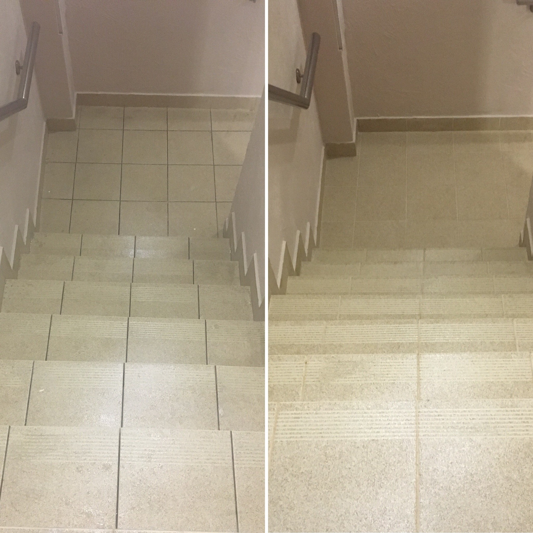 Porównanie stanu schodów wyłożonych jasnymi płytkami ceramicznymi przed i po czyszczeniu. Po lewej stronie widoczne zabrudzenia na stopniach, po prawej czyste, odświeżone płytki.