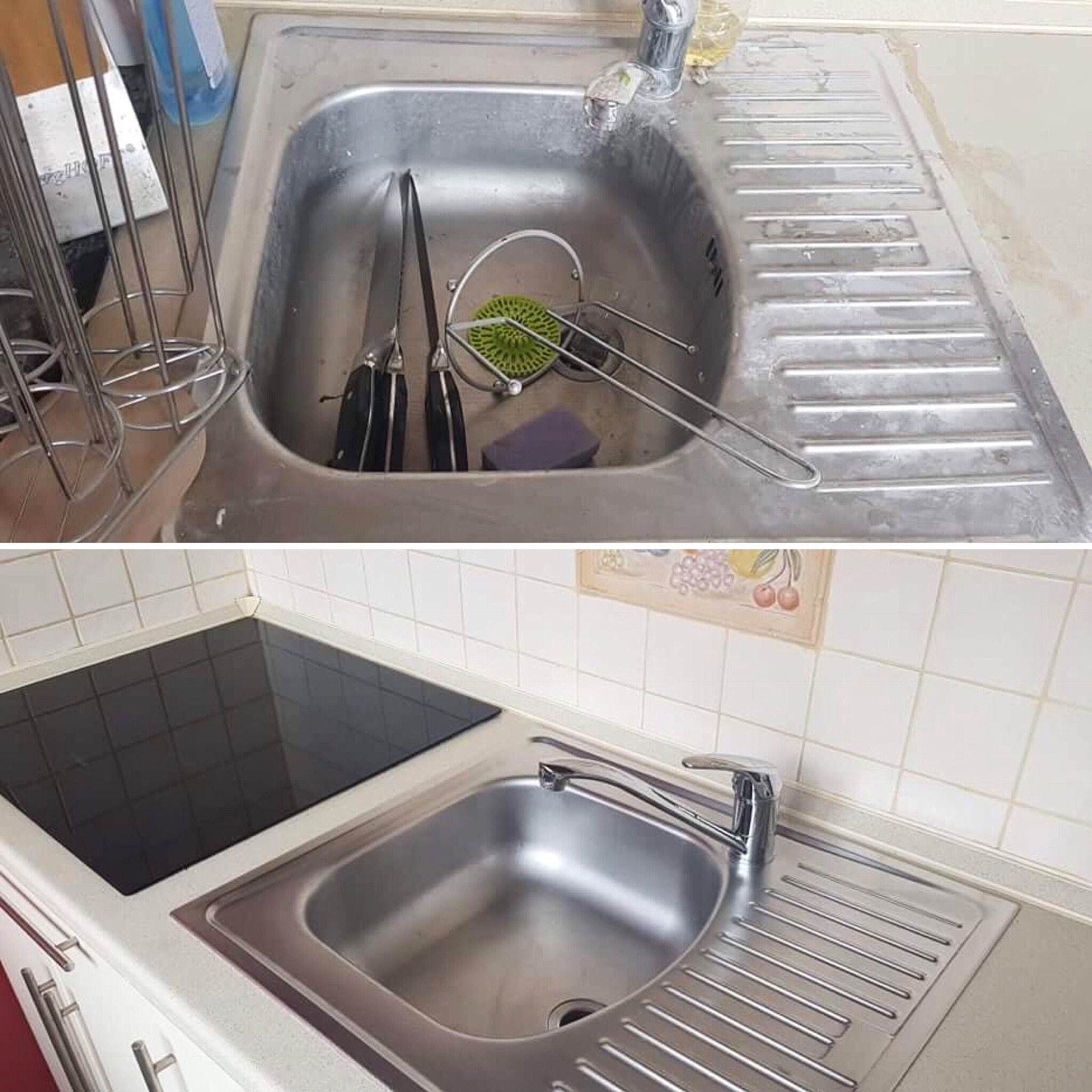 Dwa ujęcia tej samej metalowej zlewozmywarki: górne pokazuje ją brudną z naczyniami i gąbką w środku, dolne pokazuje ją czystą i błyszczącą, obok indukcyjnej płyty grzewczej.