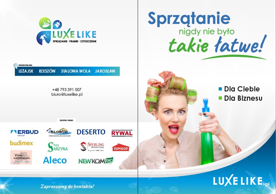 Folder reklamowy firmy sprzątającej: uśmiechnięta kobieta w wałkach trzyma butelkę ze środkiem czyszczącym, hasło 'Sprzątanie nigdy nie było takie łatwe', logo firmy i lista referencyjnych klientów.