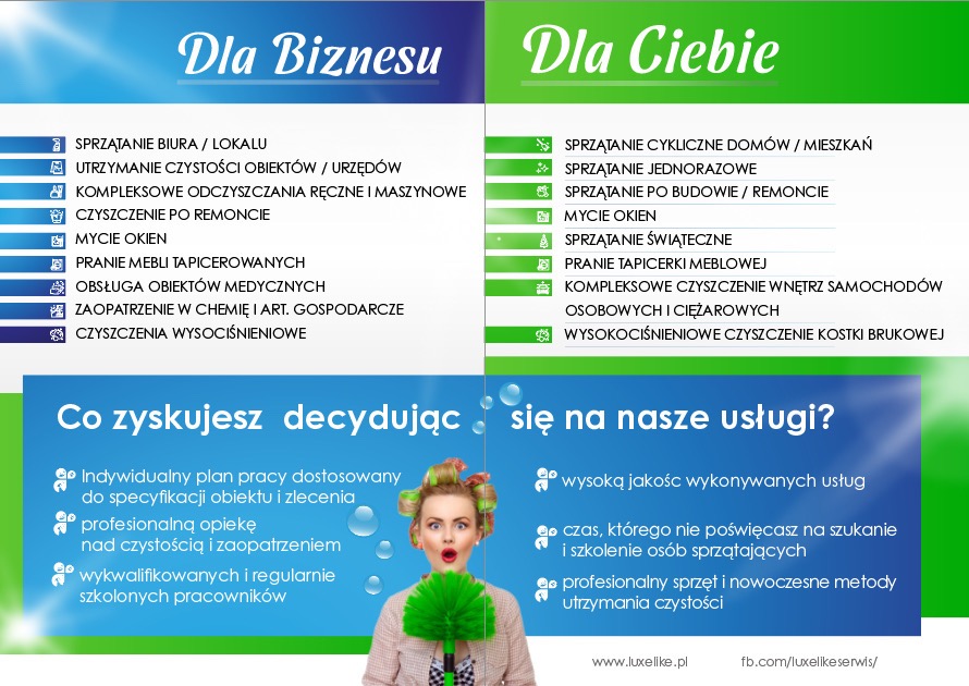 Reklama usług sprzątających: Zaskoczona kobieta z wałkami na włosach trzyma zieloną szczotkę do kurzu, obok listy usług dla biznesu i domu, z hasłem 'Co zyskujesz decydując się na nasze usługi?'
