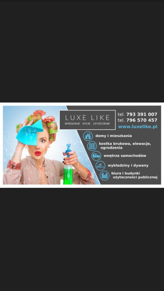 Reklama firmy sprzątającej z kobietą w wałkach, trzymającą ścierkę i rozpylacz z płynem, na tle logo i informacji kontaktowych.