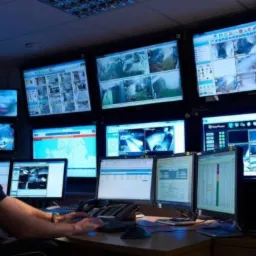 Operator w pomieszczeniu kontrolnym, obserwujący obrazy z kamer na wielu monitorach, nadzorujący system.