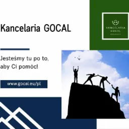 Grafika reklamowa kancelarii GOCAL z hasłem 'Jesteśmy tu po to, aby Ci pomóc!', adresem strony internetowej i siluetkami wspinających się osób na tle nieba.
