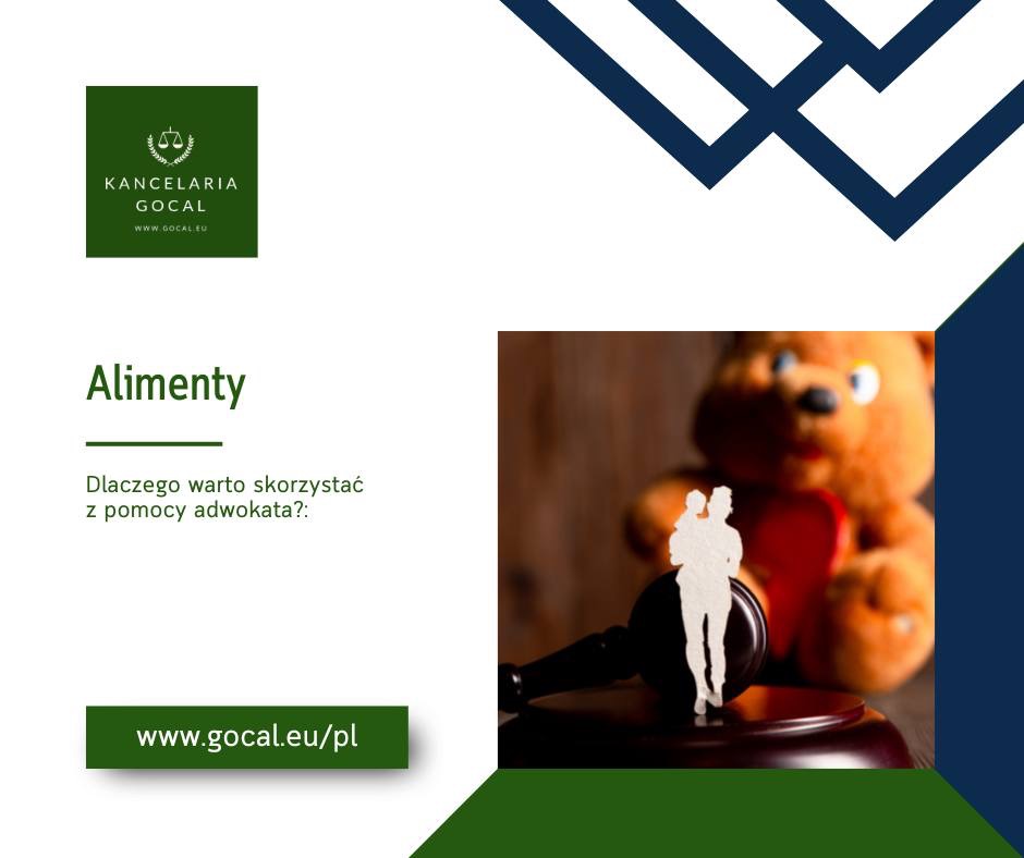 Grafika reklamowa kancelarii prawnej Gocal z hasłem 'Alimenty'. Na pierwszym planie sylwetka matki z dzieckiem na tle pluszowego misia i drewnianego młotka sędziowskiego.
