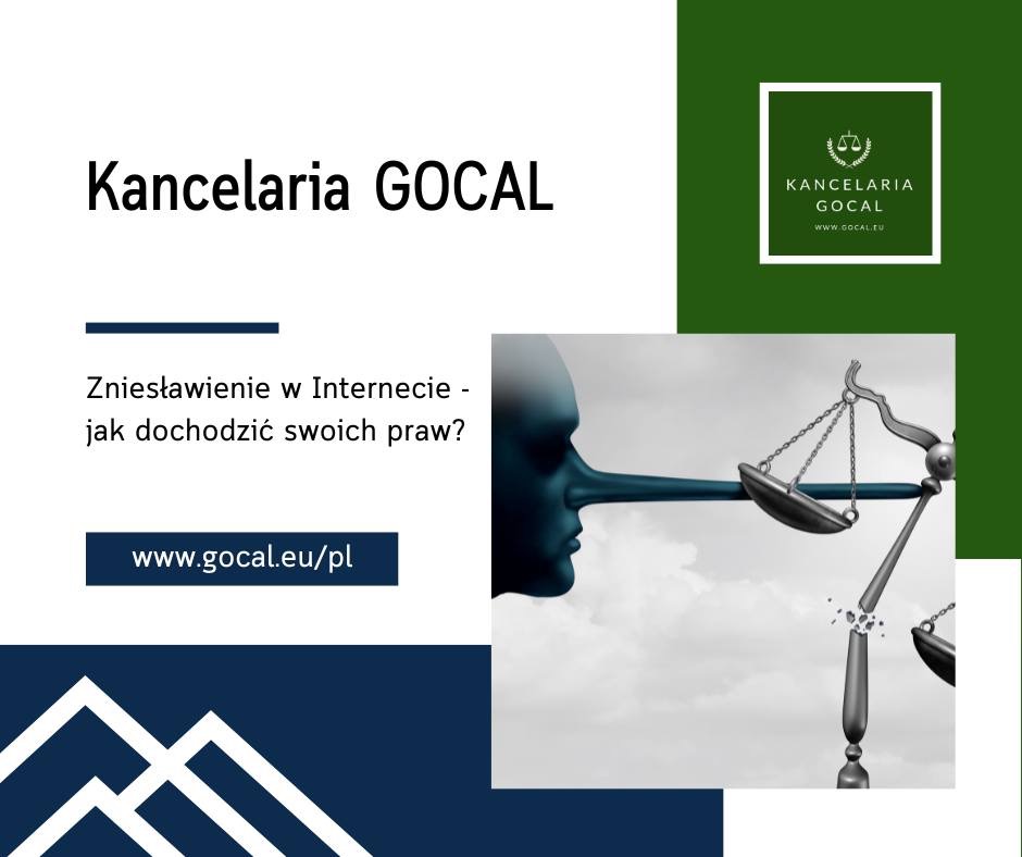 Grafika reklamowa kancelarii GOCAL dotycząca zniesławienia w internecie, przedstawiająca Pinokia i złamane wagi Temidy.
