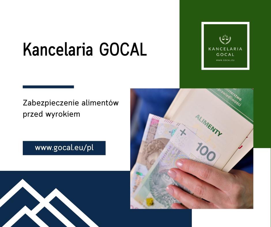 Informacja o zabezpieczeniu alimentów przed wyrokiem Kancelarii Gocal, z banknotami i dokumentem Ministerstwa Sprawiedliwości.