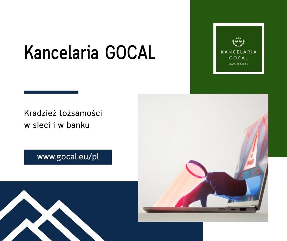 Grafika reklamowa Kancelarii GOCAL prezentująca koncepcję kradzieży tożsamości w sieci, z ręką w rękawiczce trzymającą lupę nad ekranem laptopa z ostrzeżeniem 'DANGER'.