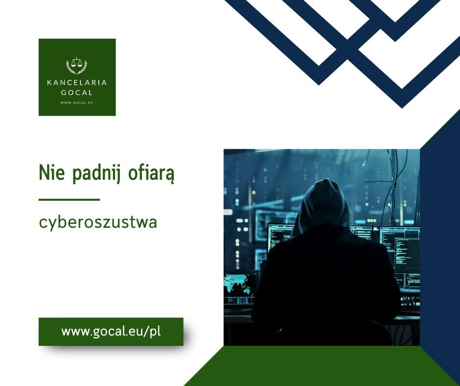 Grafika z sylwetką osoby w kapturze przed wieloma ekranami z kodem, ostrzegająca przed cyberoszustwami, logo kancelarii i adres strony w tle.