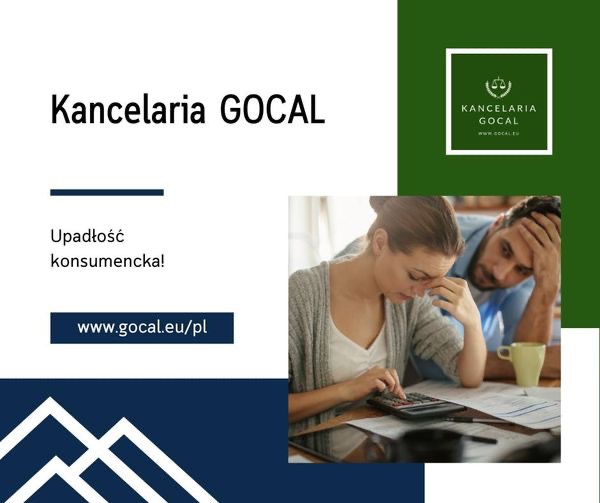 Grafika reklamowa Kancelarii GOCAL: Zestresowana para przy kalkulatorze i dokumentach, z logo kancelarii i hasłem 'Upadłość konsumencka!'