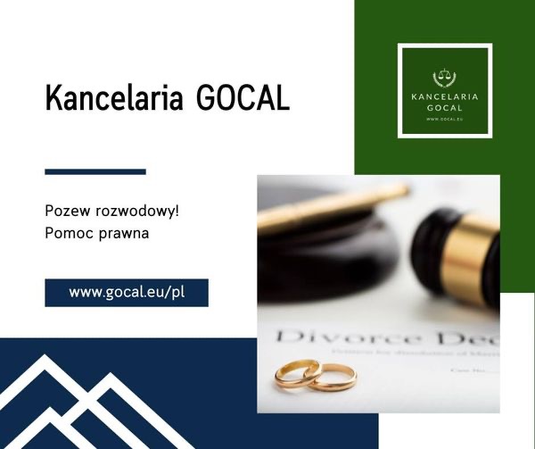 Grafika reklamowa kancelarii prawnej GOCAL: złote obrączki, młotek sędziowski i dokument rozwodowy na białym tle, hasło 'Pozew rozwodowy! Pomoc prawna' i adres strony internetowej.