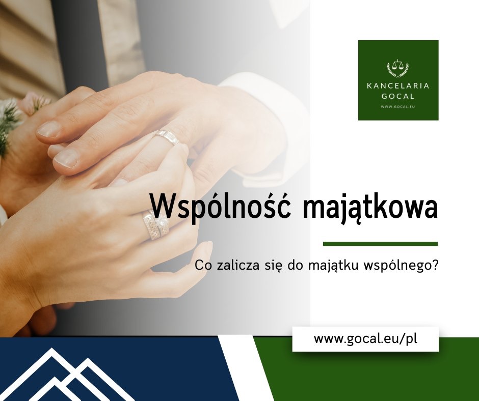Zbliżenie dłoni z obrączkami, symbolizujące wspólność majątkową, z logo kancelarii w tle.