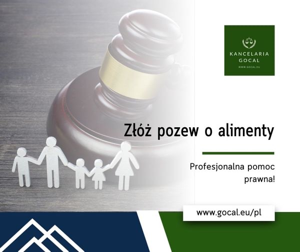Makieta rodziny trzymającej się za ręce na tle drewnianego młotka sędziowskiego i tekstu 'Złóż pozew o alimenty', logo kancelarii w prawym górnym rogu.