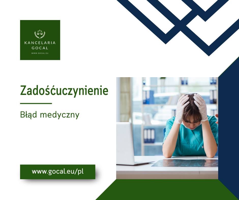 Grafika reklamowa kancelarii z hasłem 'Zadośćuczynienie. Błąd medyczny', przedstawiająca lekarza w stresie nad zdjęciem rentgenowskim.