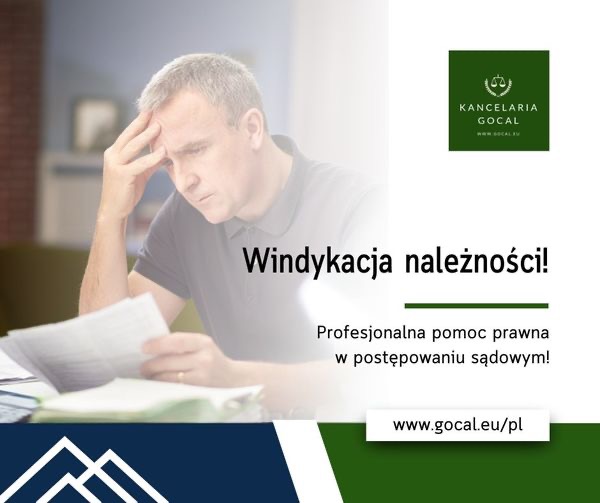 Zamyślony mężczyzna czyta dokumenty, w tle logo kancelarii prawnej i hasło 'Windykacja należności!'