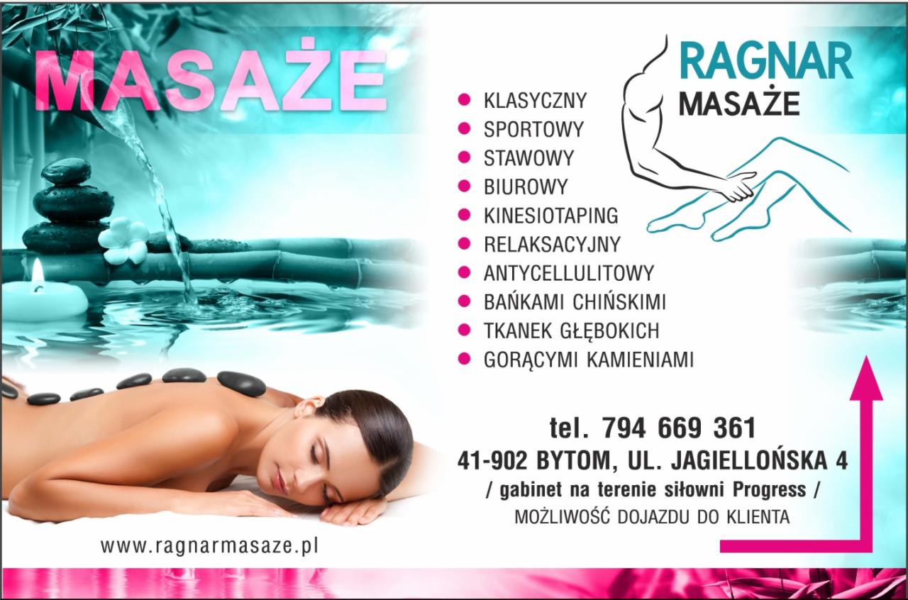 Kobieta leżąca na brzuchu z kamieniami na plecach, w tle bambus, świeca i kwiat, reklama salonu Ragnar.