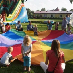 Grupa dzieci i dorosłych bawi się kolorową chustą animacyjną na trawie podczas imprezy plenerowej, w tle dmuchany zamek i budynek.