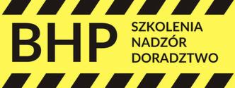 Żółte tło z czarnymi pasami ostrzegawczymi na górze i na dole. Na środku napis BHP, obok Szkolenia, Nadzór, Doradztwo.
