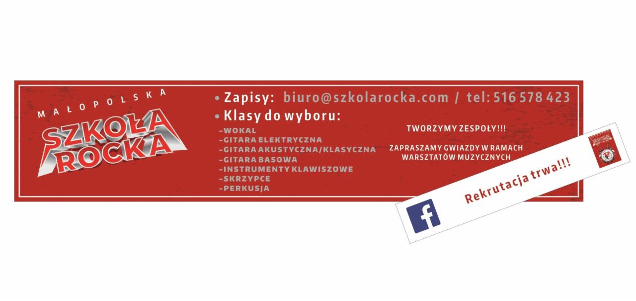 Grafika reklamowa Szkoły Rocka z Małopolski, oferującej zajęcia z wokalu, gitary elektrycznej, akustycznej/klasycznej, gitary basowej, instrumentów klawiszowych, skrzypiec i perkusji. Zawiera adres...