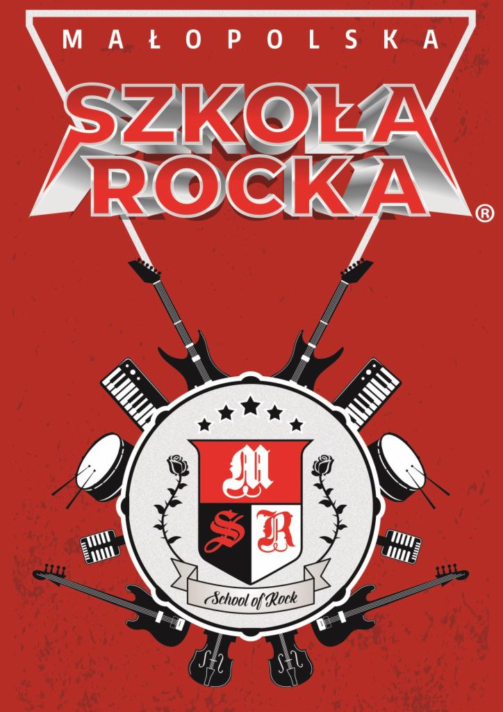 Grafika reklamowa Szkoły Rocka Małopolska z gitarami, klawiszami, perkusją i herbem z napisem School of Rock na czerwonym tle.
