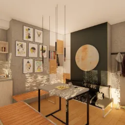 Wizualizacja wnętrza mieszkania z aneksem kuchennym, jadalnią i elementami dekoracyjnymi, w tym geometrycznymi obrazami na ścianie, okrągłą dekoracją oraz designerskim oświetleniem.