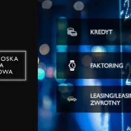 Grafika z nazwą BGF Bydgoska Grupa Finansowa i ikonami usług: kredyt, faktoring oraz leasing/leasing zwrotny na rozmytym tle z elementami wykresu giełdowego.