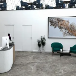 Recepcja w nowoczesnym biurze z elementami zieleni, minimalistycznym wystrojem i marmurową podłogą.
