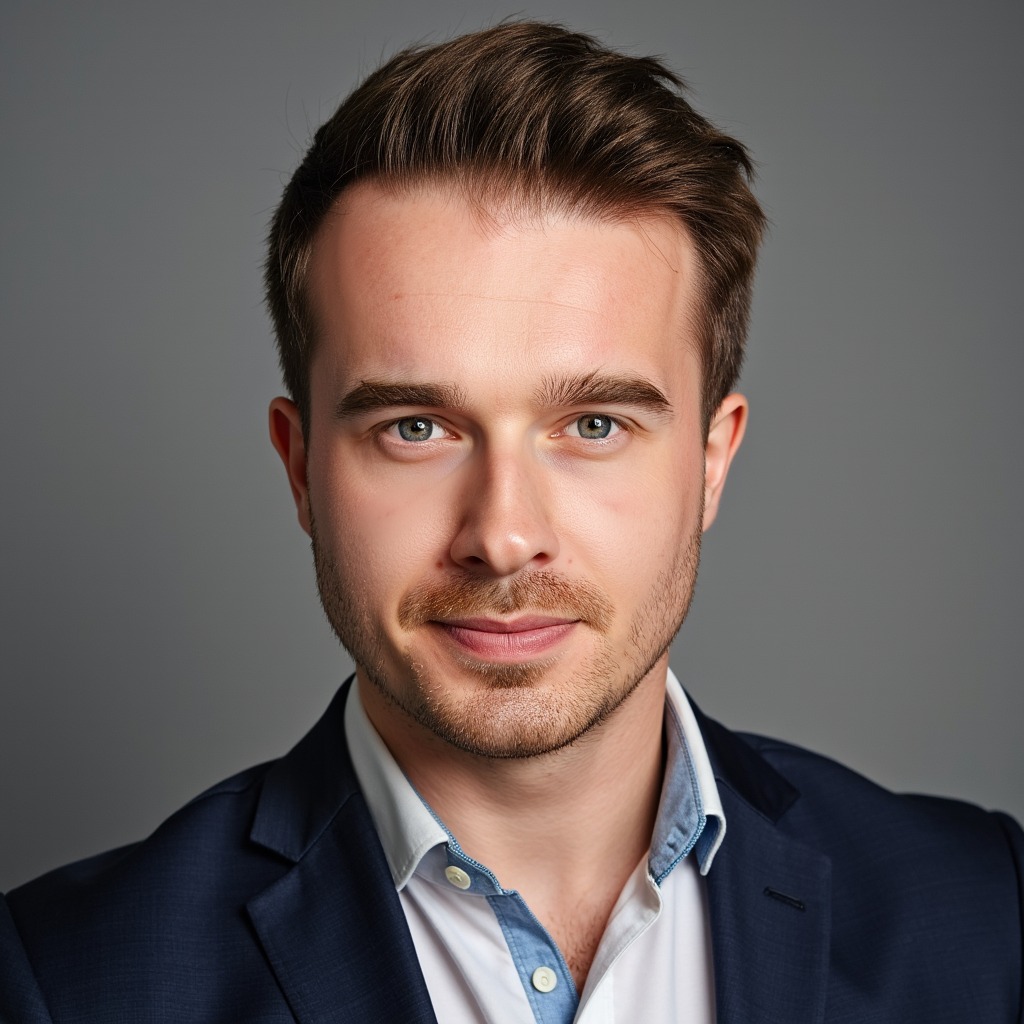 Portret młodego mężczyzny w ciemnej marynarce i jasnej koszuli na szarym tle. Uśmiechnięty, z krótką brodą i starannie ułożonymi włosami. Profesjonalny wygląd.