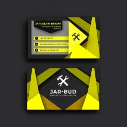 Projekt wizytówki firmy budowlanej JAR-BUD, z narzędziem skrzyżowany młotek i klucz, w kolorach żółto-czarnych z geometrycznymi elementami.