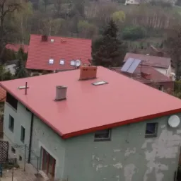 Dom z płaskim, nowym, czerwonym dachem, widoczne kominy, okna dachowe i antena satelitarna, elewacja budynku w stanie wymagającym remontu, drabina w ogrodzie.