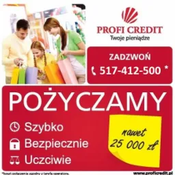 Reklama firmy pożyczkowej Profi Credit: rodzina z zakupami, hasło 'Pożyczamy' i numer telefonu.