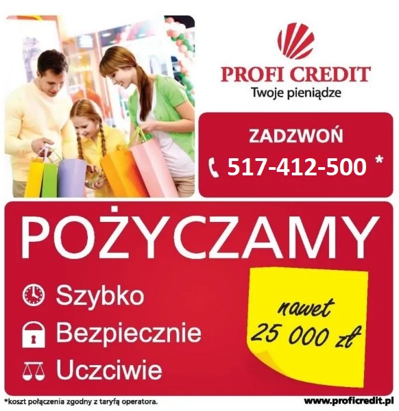 Reklama firmy pożyczkowej Profi Credit: rodzina z zakupami, hasło 'Pożyczamy' i numer telefonu.