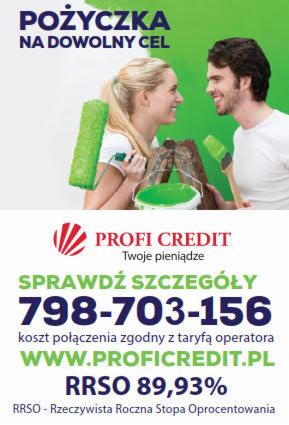 Uśmiechnięta para trzymająca wałek i pędzel do malowania, z wiadrem farby, na tle hasła 'Pożyczka na dowolny cel' i logotypu Profi Credit.