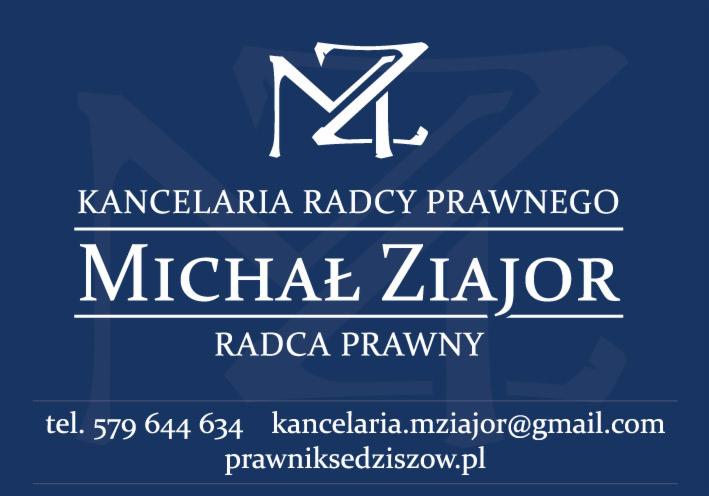 Szyld Kancelarii Radcy Prawnego Michała Ziajor z logotypem, numerem telefonu i adresem e-mail na granatowym tle.