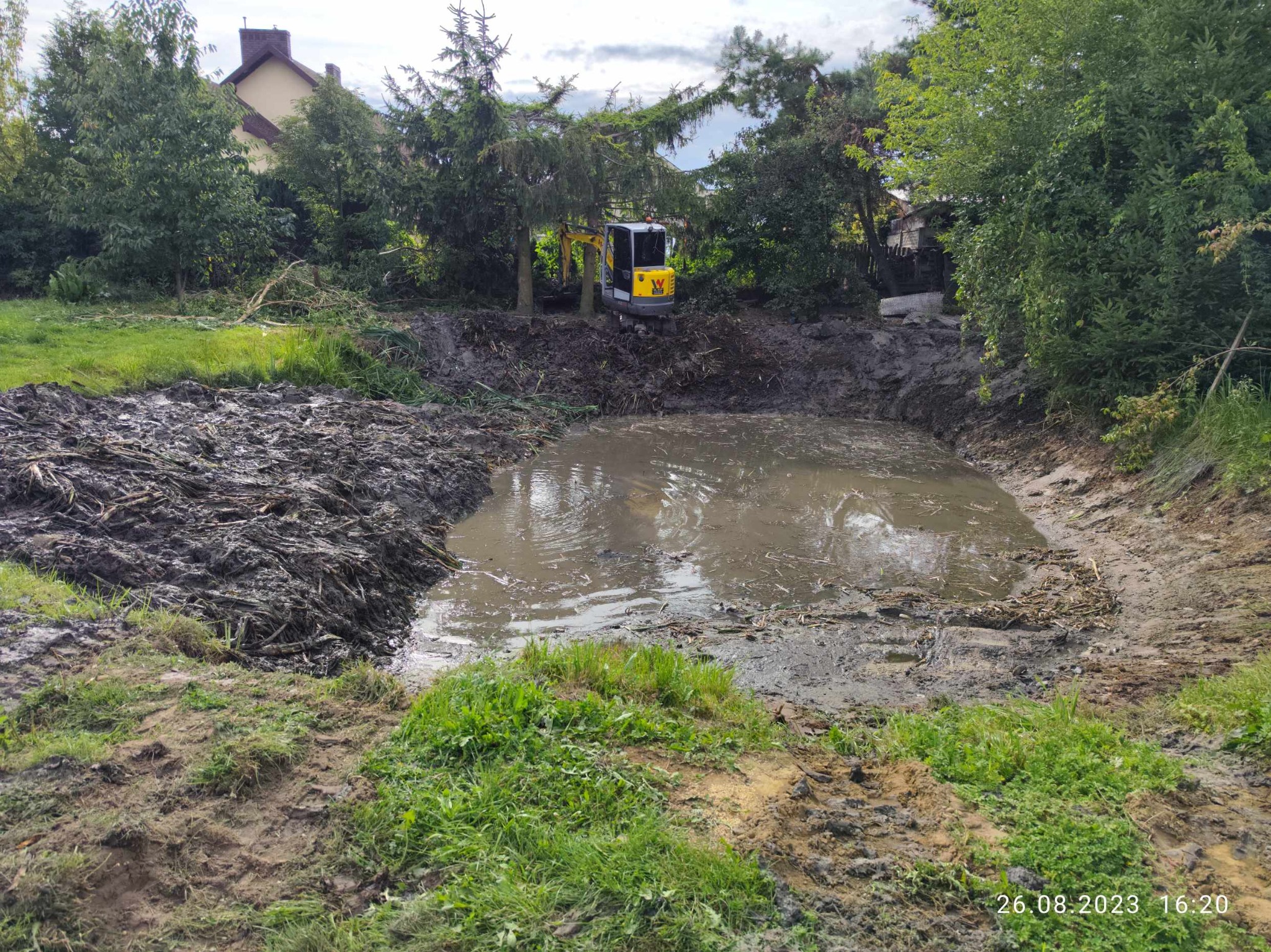 Żółta mini koparka przy wykopie wypełnionym wodą i błotem, widoczne ślady pracy maszyny na gruncie, w tle zieleń i budynek.