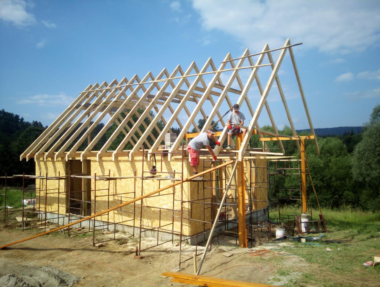 Montaż więźby dachowej na ścianach z płyt OSB, widoczne rusztowania i dwóch pracowników w trakcie pracy, tło: las i błękitne niebo.