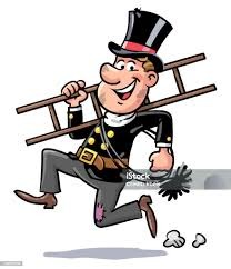 Uśmiechnięty kominiarz w tradycyjnym stroju, z drabiną na ramieniu i szczotką w dłoni, w dynamicznej pozie.