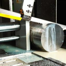 Pragmatec - Automatyczna piła taśmowa przecina gruby, okrągły pręt metalowy chłodzony cieczą.