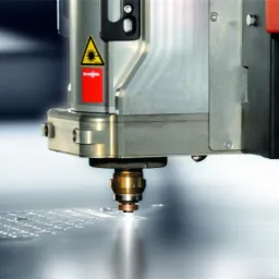 Precyzyjna obróbka metalu: detale głowicy lasera CNC podczas cięcia blachy, widoczne iskry i drobne otwory w materiale.