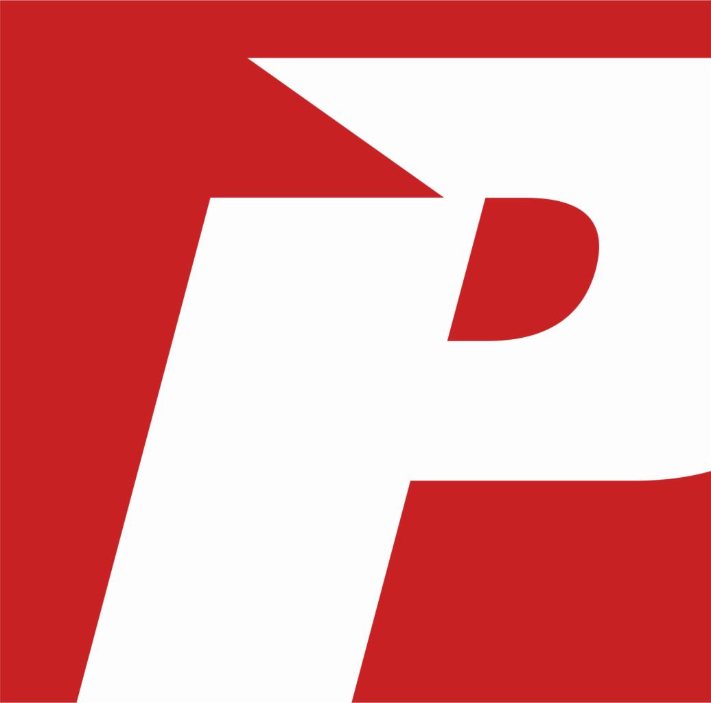 Czerwono-białe logo firmy w kształcie litery P z charakterystycznym wycięciem.