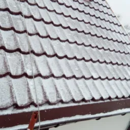 Brązowy dach z blachodachówki pokryty świeżym śniegiem, widoczne budynki w tle podczas opadów śniegu.