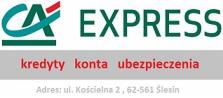 Logo CA Express z zielonym symbolem i napisem, pod spodem czerwone słowa: kredyty, konta, ubezpieczenia oraz szary pasek z adresem.
