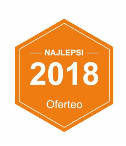 Pomarańczowa odznaka Oferteo 'Najlepsi 2018', grafika promocyjna.